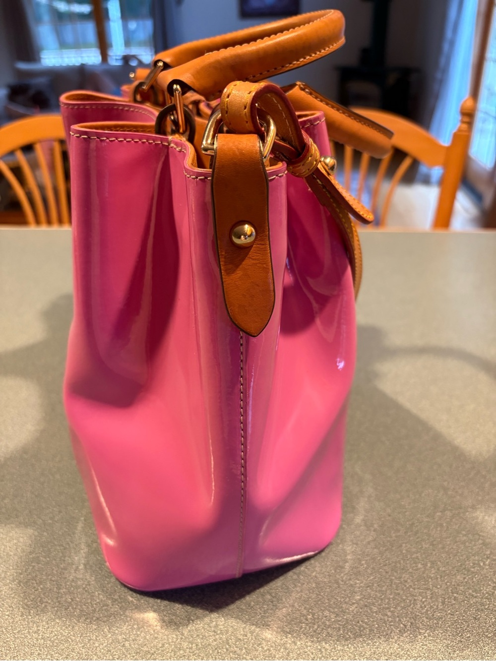 Dooney & Bourke Hot Pink Patent Satchel with Tan Trim - Picture 2 of 13